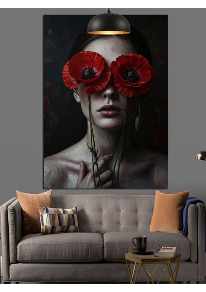 Kırmızı Çiçek Göz Maskesi Kadın Siyah Fon Dekoratif Kanvas - Mdf Ahşap Tablo