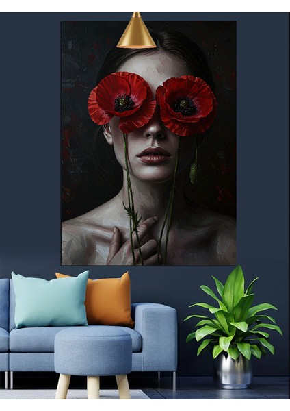 Kırmızı Çiçek Göz Maskesi Kadın Siyah Fon Dekoratif Kanvas - Mdf Ahşap Tablo fiyatları