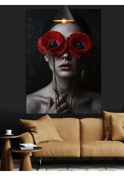 Kırmızı Çiçek Göz Maskesi Kadın Siyah Fon Dekoratif Kanvas - Mdf Ahşap Tablo modelleri
