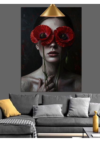 Kırmızı Çiçek Göz Maskesi Kadın Siyah Fon Dekoratif Kanvas - Mdf Ahşap Tablo fırsatları