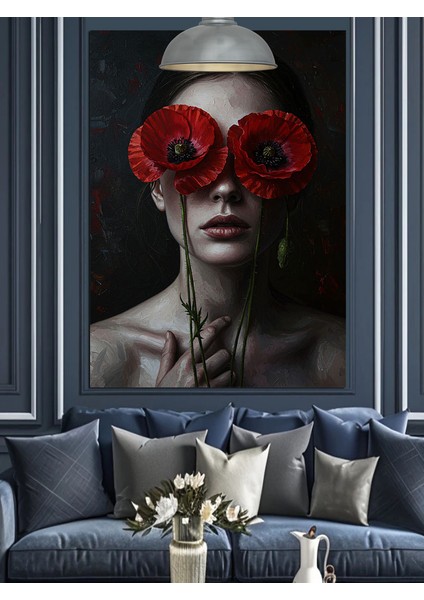 Kırmızı Çiçek Göz Maskesi Kadın Siyah Fon Dekoratif Kanvas - Mdf Ahşap Tablo indirimleri