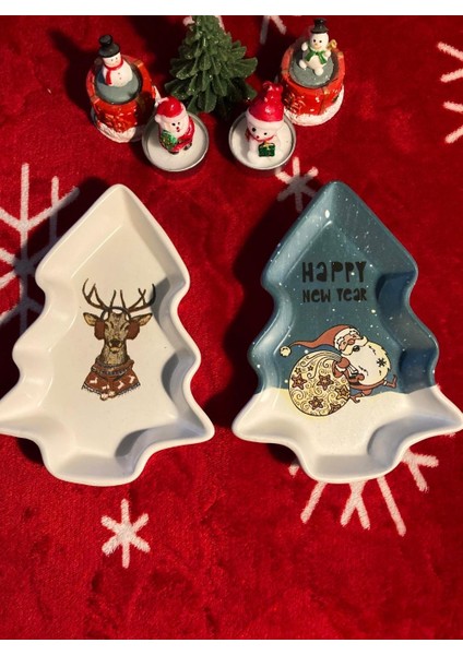 Yılbaşı Temalı 2'li Ağaç Tasarımlı Desenli Seramik Sunum Servis Tabağı 17X12 cm Geyikli ve Noel Babalı