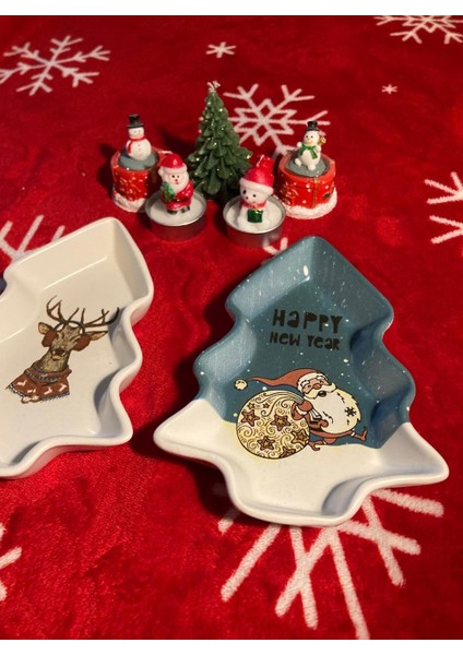 Yılbaşı Temalı 2'li Ağaç Tasarımlı Desenli Seramik Sunum Servis Tabağı 17X12 cm Geyikli ve Noel Babalı modelleri