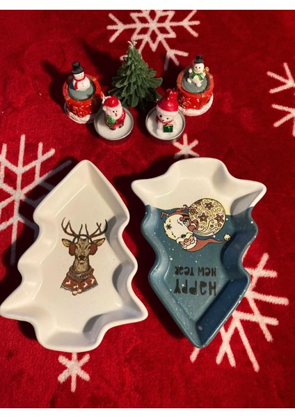 Yılbaşı Temalı 2'li Ağaç Tasarımlı Desenli Seramik Sunum Servis Tabağı 17X12 cm Geyikli ve Noel Babalı
