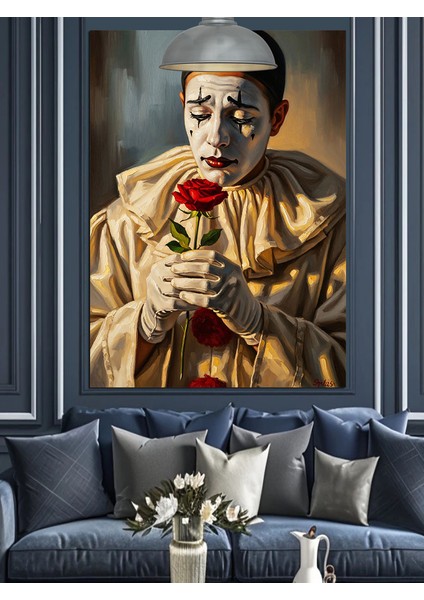 Kırmızı Gül Tutan Üzgün Palyaço Dekoratif Kanvas - Mdf Ahşap Tablo