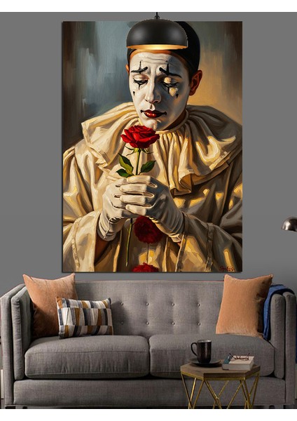Kırmızı Gül Tutan Üzgün Palyaço Dekoratif Kanvas - Mdf Ahşap Tablo fiyatları
