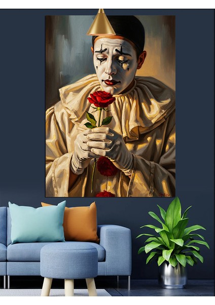 Kırmızı Gül Tutan Üzgün Palyaço Dekoratif Kanvas - Mdf Ahşap Tablo modelleri