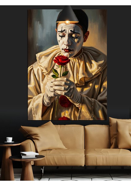 Kırmızı Gül Tutan Üzgün Palyaço Dekoratif Kanvas - Mdf Ahşap Tablo fırsatları