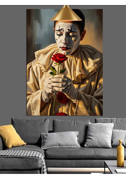 Kırmızı Gül Tutan Üzgün Palyaço Dekoratif Kanvas - Mdf Ahşap Tablo indirimleri