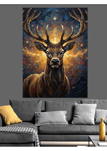 Altın Boynuzlu Görkemli Geyik Dekoratif Kanvas - Mdf Ahşap Tablo