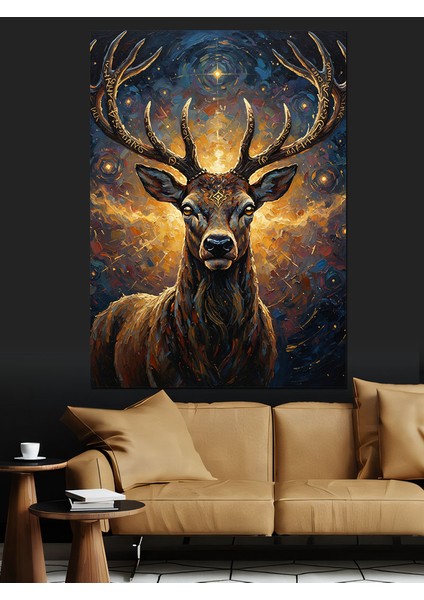 Altın Boynuzlu Görkemli Geyik Dekoratif Kanvas - Mdf Ahşap Tablo fırsatları