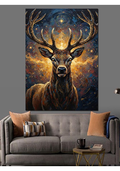 Altın Boynuzlu Görkemli Geyik Dekoratif Kanvas - Mdf Ahşap Tablo indirimleri