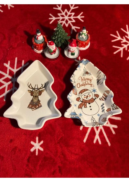 Yılbaşı Temalı 2'li Ağaç Tasarımlı Desenli Seramik Sunum Servis Tabağı 17X12 cm Geyikli ve Kardan Adamlı indirimleri