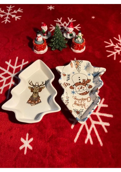Yılbaşı Temalı 2'li Ağaç Tasarımlı Desenli Seramik Sunum Servis Tabağı 17X12 cm Geyikli ve Kardan Adamlı