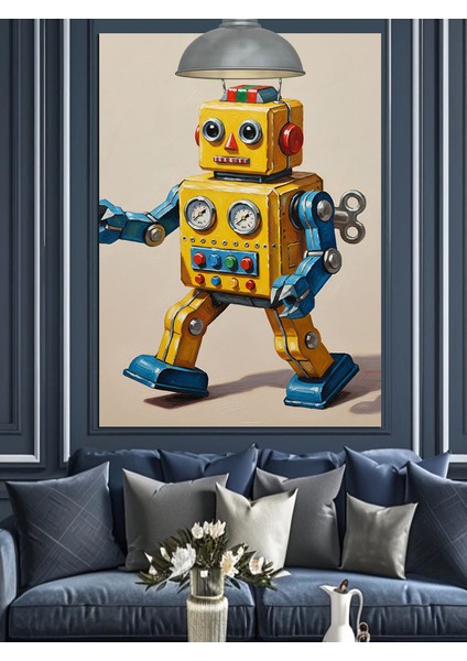Sarı Robot Komik Mekanik Dekoratif Kanvas - Mdf Ahşap Tablo