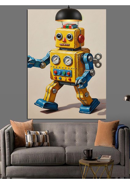 Sarı Robot Komik Mekanik Dekoratif Kanvas - Mdf Ahşap Tablo fiyatları