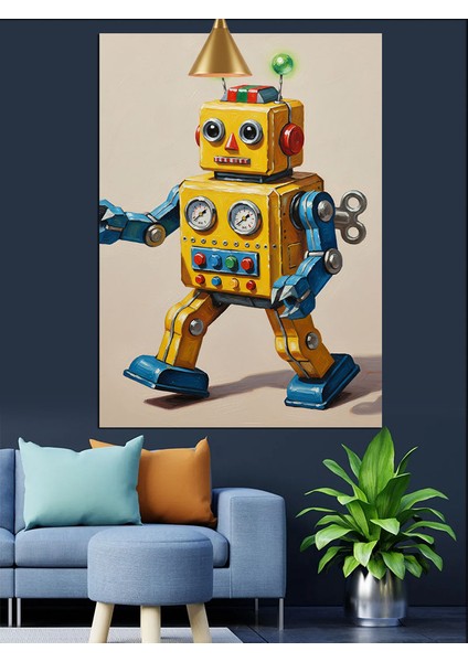 Sarı Robot Komik Mekanik Dekoratif Kanvas - Mdf Ahşap Tablo modelleri