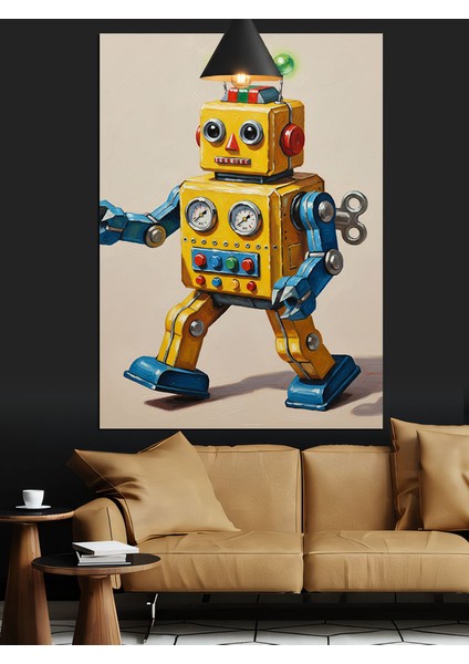 Sarı Robot Komik Mekanik Dekoratif Kanvas - Mdf Ahşap Tablo fırsatları