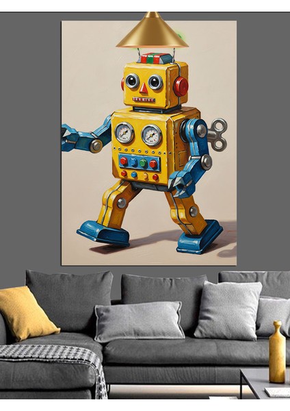 Sarı Robot Komik Mekanik Dekoratif Kanvas - Mdf Ahşap Tablo indirimleri