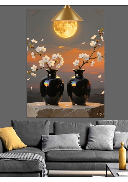 Dolunayda Iki Siyah Vazo Çiçekleri Manzarası Dekoratif Kanvas - Mdf Ahşap Tablo