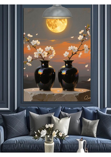 Dolunayda Iki Siyah Vazo Çiçekleri Manzarası Dekoratif Kanvas - Mdf Ahşap Tablo fiyatları
