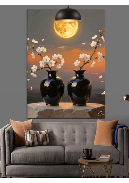 Dolunayda Iki Siyah Vazo Çiçekleri Manzarası Dekoratif Kanvas - Mdf Ahşap Tablo modelleri