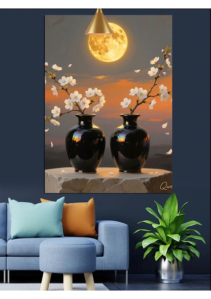 Dolunayda Iki Siyah Vazo Çiçekleri Manzarası Dekoratif Kanvas - Mdf Ahşap Tablo fırsatları