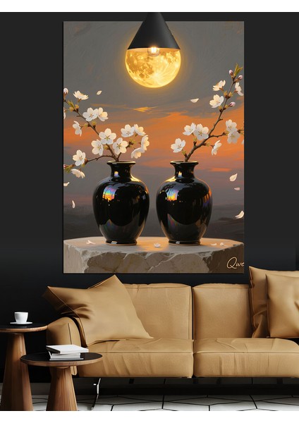 Dolunayda Iki Siyah Vazo Çiçekleri Manzarası Dekoratif Kanvas - Mdf Ahşap Tablo indirimleri