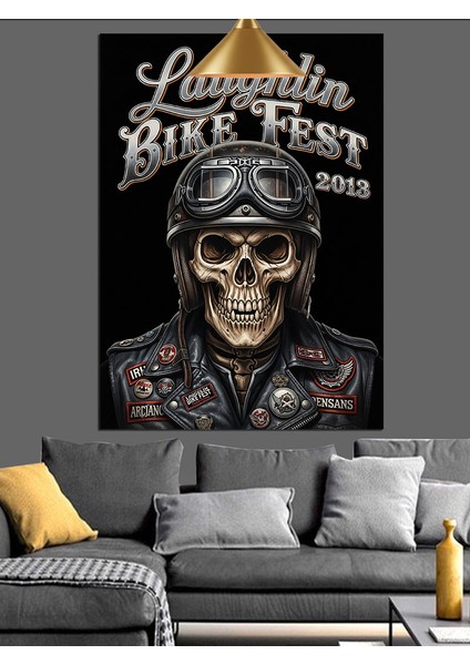 Motorcu Kıyafetli Iskelet Motor Festivali Afişi Dekoratif Kanvas - Mdf Ahşap Tablo