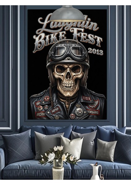 Motorcu Kıyafetli Iskelet Motor Festivali Afişi Dekoratif Kanvas - Mdf Ahşap Tablo fiyatları