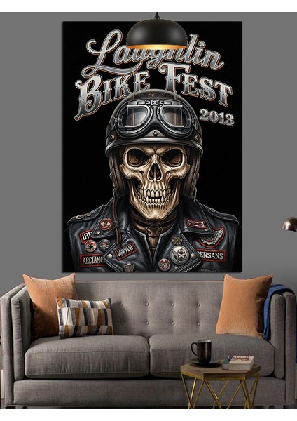Motorcu Kıyafetli Iskelet Motor Festivali Afişi Dekoratif Kanvas - Mdf Ahşap Tablo modelleri
