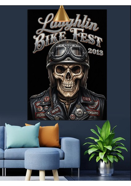 Motorcu Kıyafetli Iskelet Motor Festivali Afişi Dekoratif Kanvas - Mdf Ahşap Tablo fırsatları