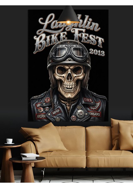 Motorcu Kıyafetli Iskelet Motor Festivali Afişi Dekoratif Kanvas - Mdf Ahşap Tablo indirimleri
