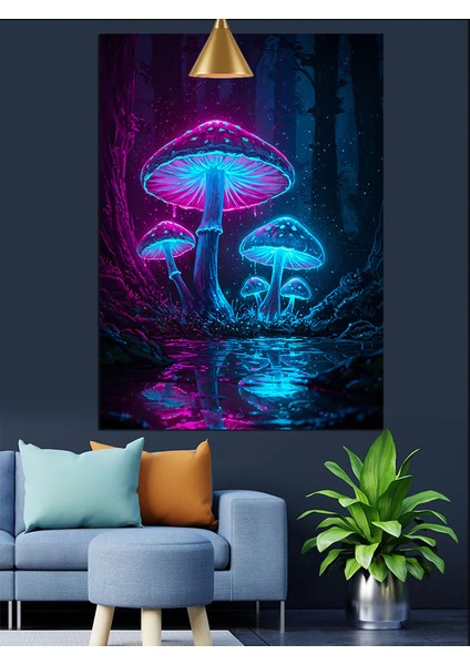 Mantar Mavi Işık Mistik Dekoratif Kanvas - Mdf Ahşap Tablo