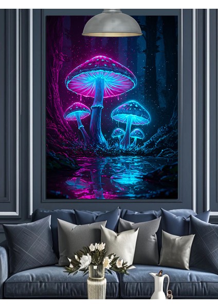 Mantar Mavi Işık Mistik Dekoratif Kanvas - Mdf Ahşap Tablo fırsatları
