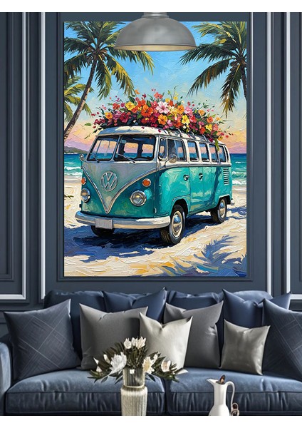 Plajda Karavan Tatili Keyfi Dekoratif Kanvas - Mdf Ahşap Tablo