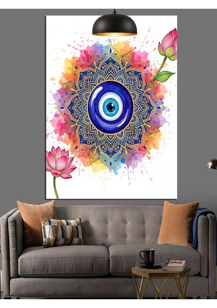 Nazar Boncuğu Mandala Çizimi Dekoratif Kanvas - Mdf Ahşap Tablo