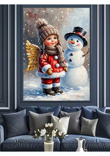 Kardan Adam ve Noel Kız Çocuğu Dekoratif Kanvas - Mdf Ahşap Tablo