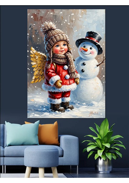 Kardan Adam ve Noel Kız Çocuğu Dekoratif Kanvas - Mdf Ahşap Tablo fiyatları