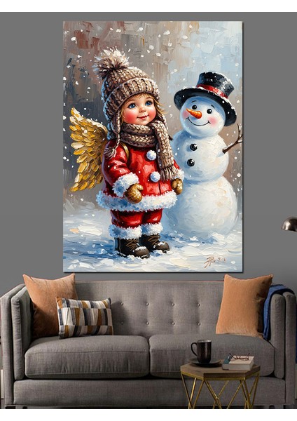 Kardan Adam ve Noel Kız Çocuğu Dekoratif Kanvas - Mdf Ahşap Tablo fırsatları