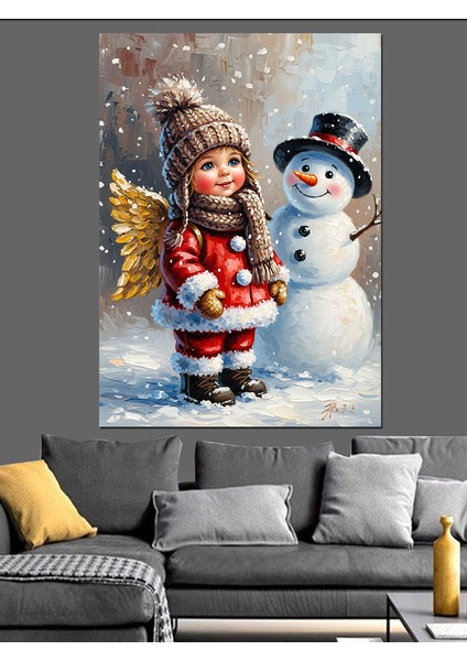 Kardan Adam ve Noel Kız Çocuğu Dekoratif Kanvas - Mdf Ahşap Tablo indirimleri