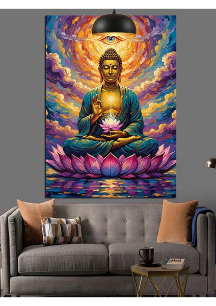 Buda Mor Lotusta Otururken Meditasyon Hali Dekoratif Kanvas - Mdf Ahşap Tablo