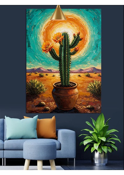Kaktüs Çöl Güneş Batımı Dekoratif Kanvas - Mdf Ahşap Tablo