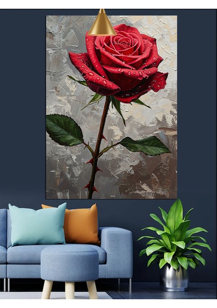 Tek Kırmızı Gül Su Damlası Dekoratif Kanvas - Mdf Ahşap Tablo fiyatları