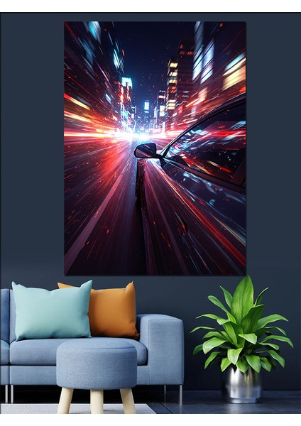 Neon Işıklı Hız Manzarası Dekoratif Kanvas - Mdf Ahşap Tablo