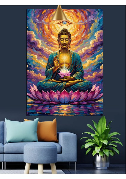 Buda Mor Lotusta Otururken Meditasyon Hali Dekoratif Kanvas - Mdf Ahşap Tablo fiyatları
