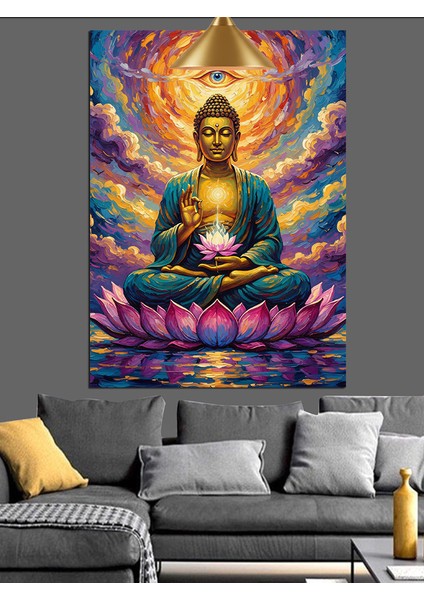 Buda Mor Lotusta Otururken Meditasyon Hali Dekoratif Kanvas - Mdf Ahşap Tablo fırsatları