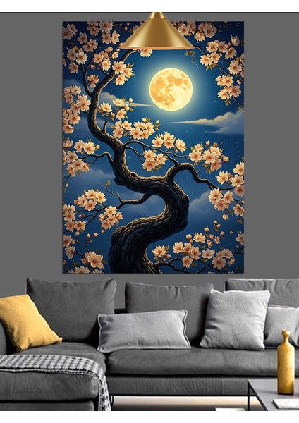 Dolunaylı Gece Çiçekli Ağaç Manzarası Dekoratif Kanvas - Mdf Ahşap Tablo
