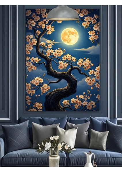 Dolunaylı Gece Çiçekli Ağaç Manzarası Dekoratif Kanvas - Mdf Ahşap Tablo fiyatları