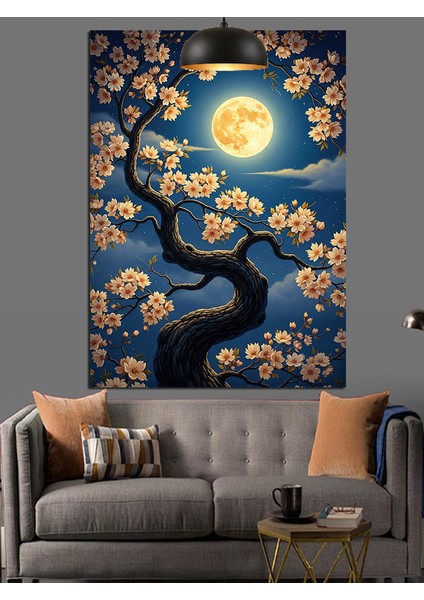 Dolunaylı Gece Çiçekli Ağaç Manzarası Dekoratif Kanvas - Mdf Ahşap Tablo modelleri